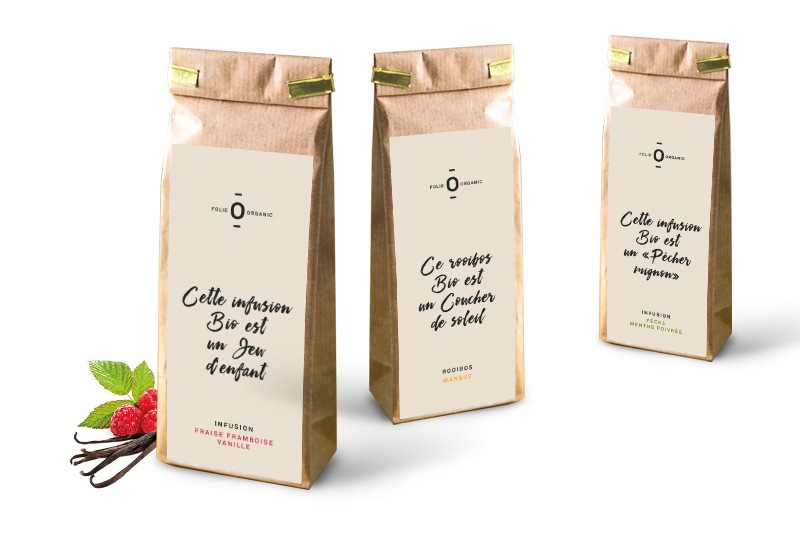 Création de l'image de marque et charte packaging de la gamme bio Folie Organic